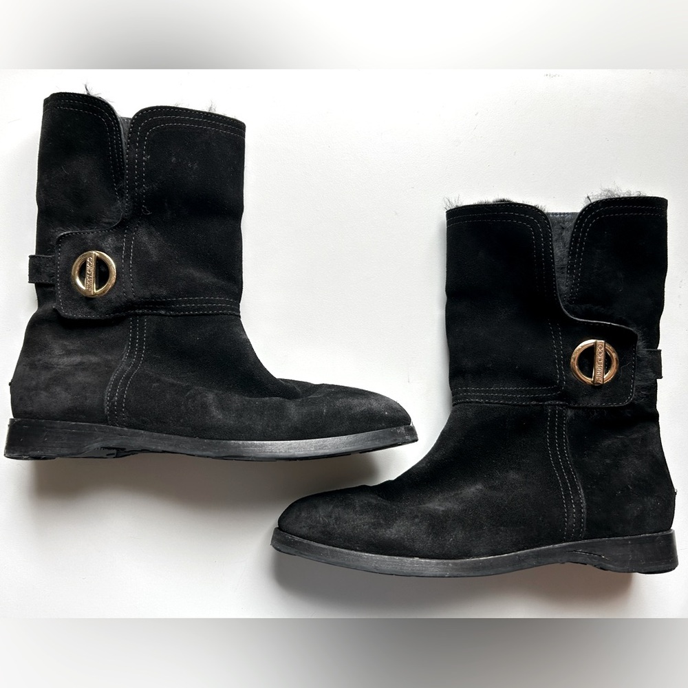 Jimmy Choo Black Fold Over Fur Lined Luxury Leather Boots